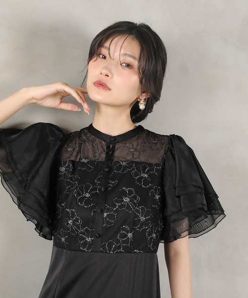 Kana（カナ）の「ラッフルスリーブ 刺繍レース ワンピース ドレス パーティー ドレス 結婚式 お呼ばれ オケージョン（ドレス・レディース・アイボリー/ブラック・M/S）」の2枚目の写真