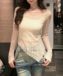 VIBGYOR（ヴィブジョー）の「【EIZZ/アイズ】シースルー レース アシンメトリー 長袖 トップス（Tシャツ/カットソー・レディース）」