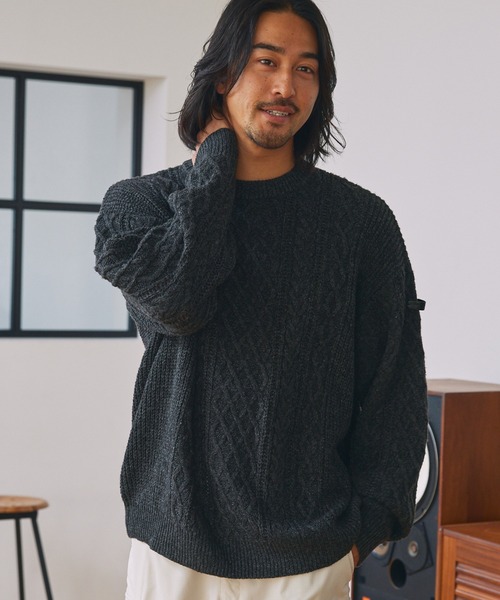 セール】ウォッシャブル ケーブルニット クルーネックプルオーバー