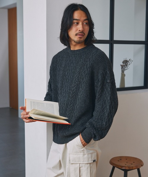 ウォッシャブル ケーブルニット クルーネックプルオーバー / 帯電防止