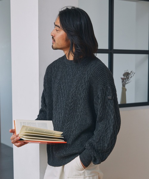 セール】ウォッシャブル ケーブルニット クルーネックプルオーバー
