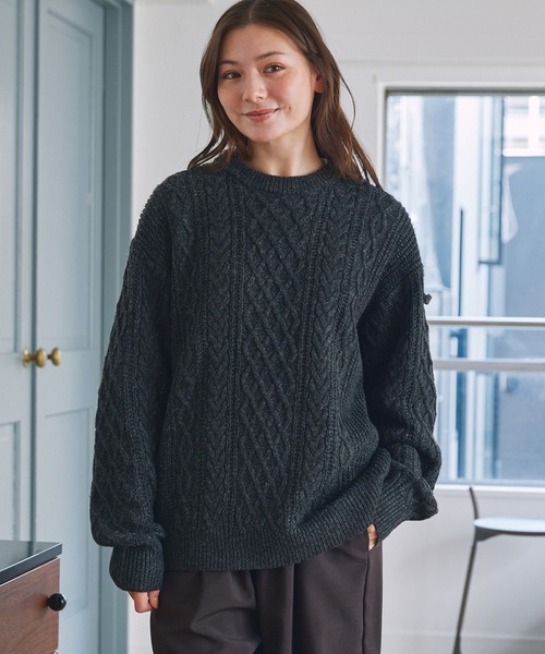 セール】ウォッシャブル ケーブルニット クルーネックプルオーバー