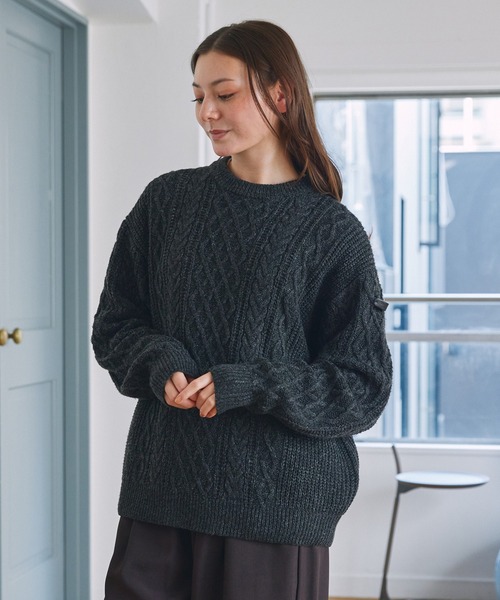 セール】ウォッシャブル ケーブルニット クルーネックプルオーバー