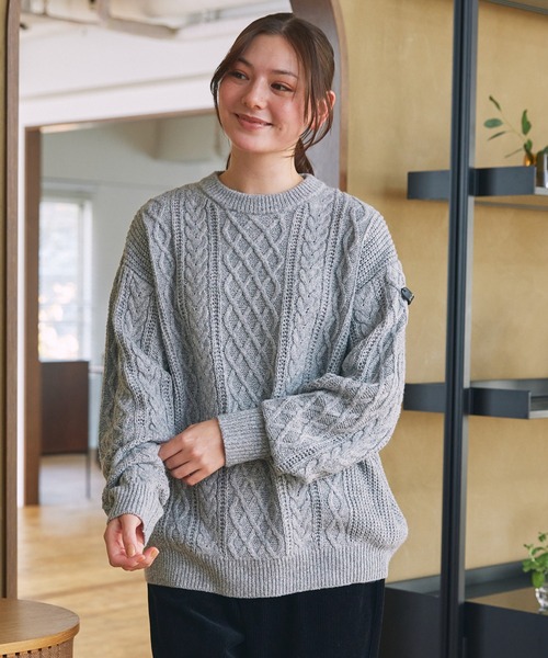セール】ウォッシャブル ケーブルニット クルーネックプルオーバー