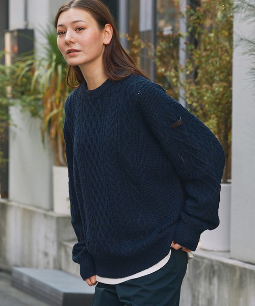 セール】ウォッシャブル ケーブルニット クルーネックプルオーバー