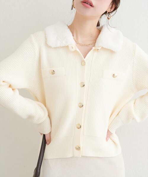 セール】衿ファー付き片畦ニットカーディガン（カーディガン/ボレロ