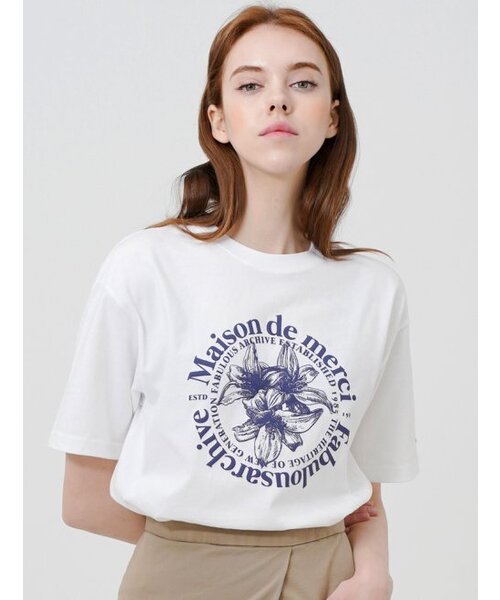 FABULOUS ARCHIVE(ファビュラスアーカイブ)の「ウィメンズ リリス エンボ クロップTシャツ ホワイトネイビー(FCC2TS387W)(Tシャツ/カットソー・レディース・ホワイト・SMALL/MEDIUM)」の1枚目の写真