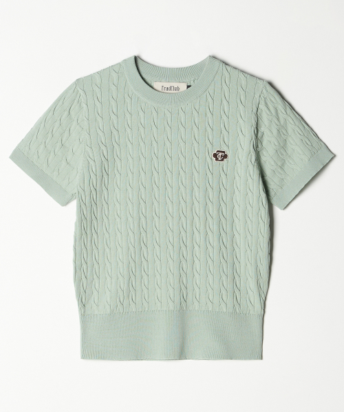 TRADCLUB(トラッドクラブ)の「ウィメンズTCロゴケーブルラウンドクロップ半袖ニットライトカーキ(Tシャツ/カットソー・レディース・オリーブ・MEDIUM/SMALL)」の1枚目の写真