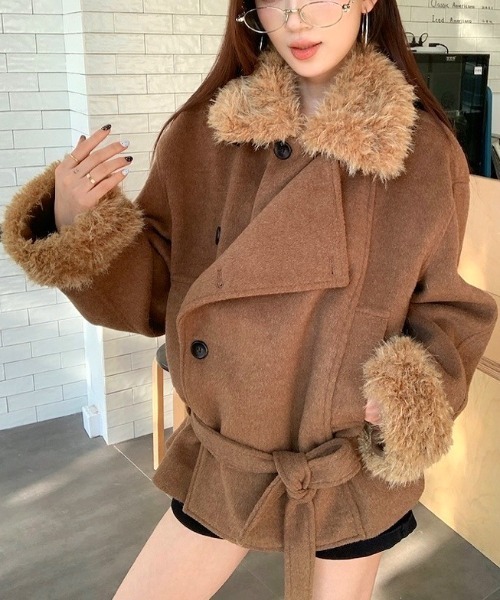 セール】裏キルティングファー付きフェイクウールミドルコート（その他