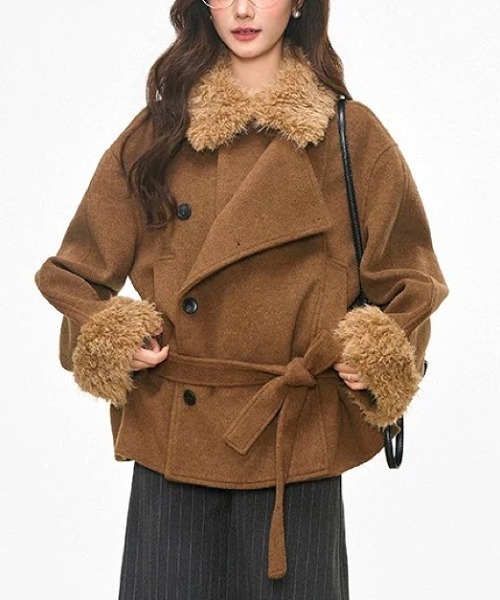 セール】裏キルティングファー付きフェイクウールミドルコート（その他