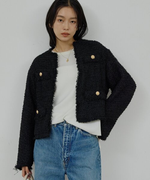 GALLARDAGALANTE（ガリャルダガランテ）の「【手洗い可】ツイードショートジャケット（ベスト・レディース・ブラック/ホワイト・FREE）」の2枚目の写真