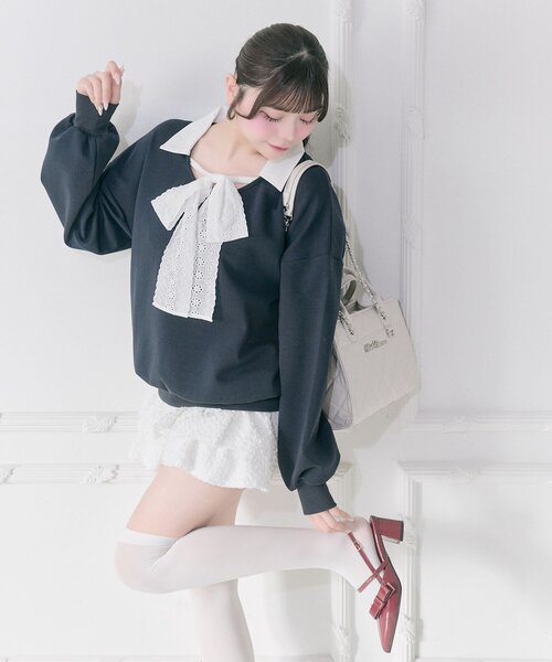 OLIVE des OLIVE（オリーブデオリーブ）の「【Belle Charme】Lace Ribbon Tie Trainer（Tシャツ/カットソー・レディース・ネイビー/トップグレー/ピンク・FREE）」の13枚目の写真