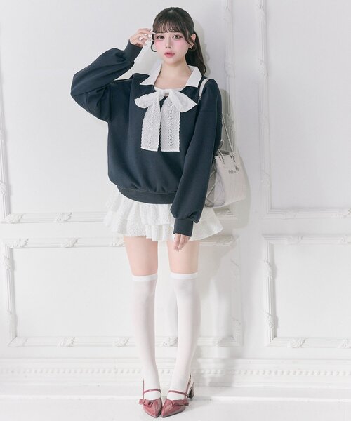 OLIVE des OLIVE（オリーブデオリーブ）の「【Belle Charme】Lace Ribbon Tie Trainer（Tシャツ/カットソー・レディース・ネイビー/トップグレー/ピンク・FREE）」の14枚目の写真