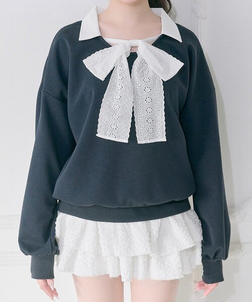 OLIVE des OLIVE（オリーブデオリーブ）の「【Belle Charme】Lace Ribbon Tie Trainer（Tシャツ/カットソー・レディース・ネイビー/トップグレー/ピンク・FREE）」の16枚目の写真