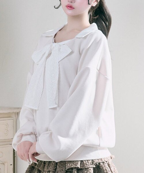 OLIVE des OLIVE（オリーブデオリーブ）の「【Belle Charme】Lace Ribbon Tie Trainer（Tシャツ/カットソー・レディース・ネイビー/トップグレー/ピンク・FREE）」の21枚目の写真