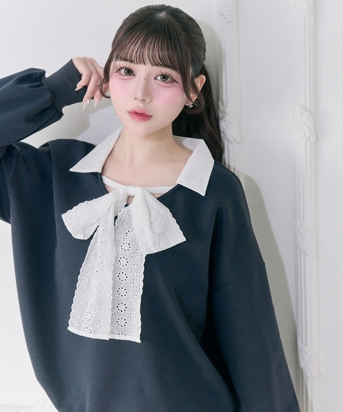 OLIVE des OLIVE（オリーブデオリーブ）の「【Belle Charme】Lace Ribbon Tie Trainer（Tシャツ/カットソー・レディース・ネイビー/トップグレー/ピンク・FREE）」の3枚目の写真