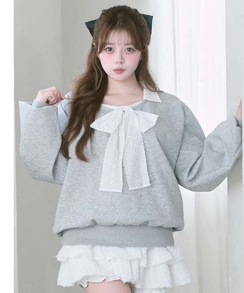 OLIVE des OLIVE（オリーブデオリーブ）の「【Belle Charme】Lace Ribbon Tie Trainer（Tシャツ/カットソー・レディース・ネイビー/トップグレー/ピンク・FREE）」の2枚目の写真