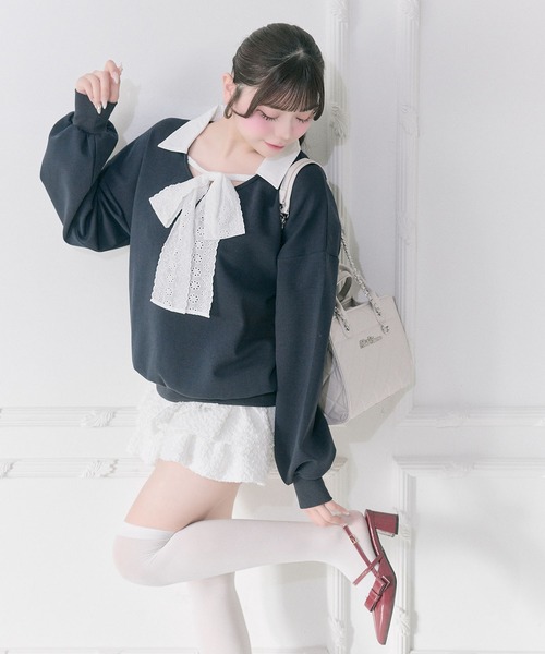 OLIVE des OLIVE（オリーブデオリーブ）の「【Belle Charme】Lace Ribbon Tie Trainer（Tシャツ/カットソー・レディース・ネイビー/トップグレー/ピンク・FREE）」の4枚目の写真