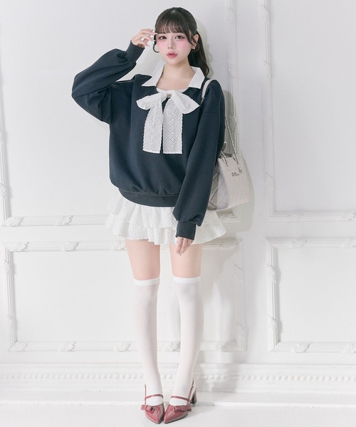 OLIVE des OLIVE（オリーブデオリーブ）の「【Belle Charme】Lace Ribbon Tie Trainer（Tシャツ/カットソー・レディース・ネイビー/トップグレー/ピンク・FREE）」の5枚目の写真