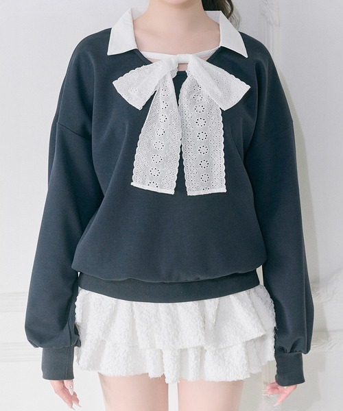 OLIVE des OLIVE（オリーブデオリーブ）の「【Belle Charme】Lace Ribbon Tie Trainer（Tシャツ/カットソー・レディース・ネイビー/トップグレー/ピンク・FREE）」の6枚目の写真