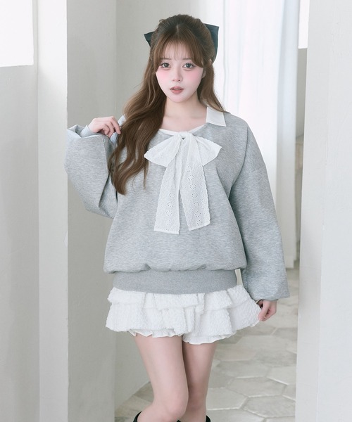 OLIVE des OLIVE（オリーブデオリーブ）の「【Belle Charme】Lace Ribbon Tie Trainer（Tシャツ/カットソー・レディース・ネイビー/トップグレー/ピンク・FREE）」の9枚目の写真