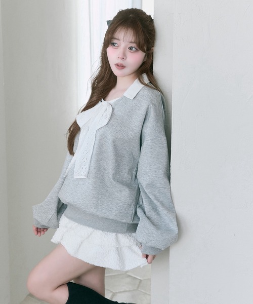 OLIVE des OLIVE（オリーブデオリーブ）の「【Belle Charme】Lace Ribbon Tie Trainer（Tシャツ/カットソー・レディース・ネイビー/トップグレー/ピンク・FREE）」の10枚目の写真