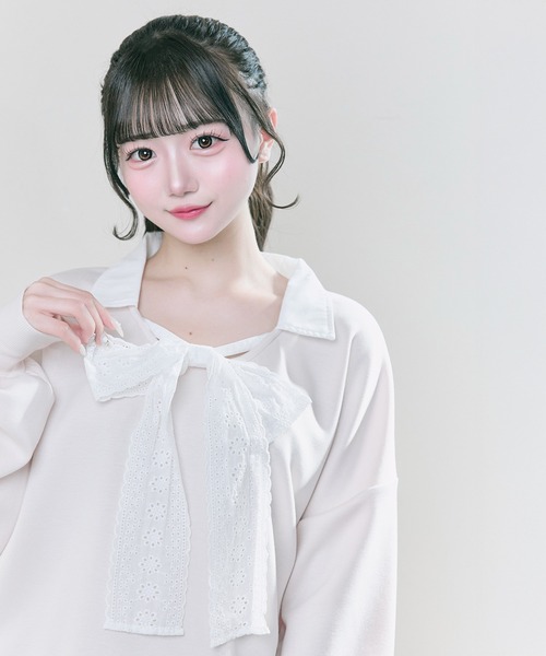 OLIVE des OLIVE（オリーブデオリーブ）の「【Belle Charme】Lace Ribbon Tie Trainer（Tシャツ/カットソー・レディース・ネイビー/トップグレー/ピンク・FREE）」の11枚目の写真