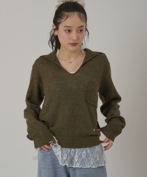 MUHET（ミュエータ）の「collared button spring knit top / 襟ボタンニット（ニット/セーター・レディース・カーキ/ライトブルー/グレー・FREE）」の2枚目の写真