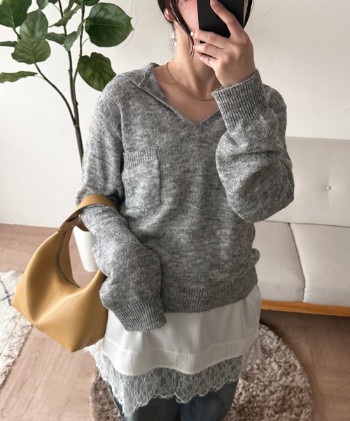 MUHET（ミュエータ）の「collared button spring knit top / 襟ボタンニット（ニット/セーター・レディース・カーキ/ライトブルー/グレー・FREE）」の5枚目の写真