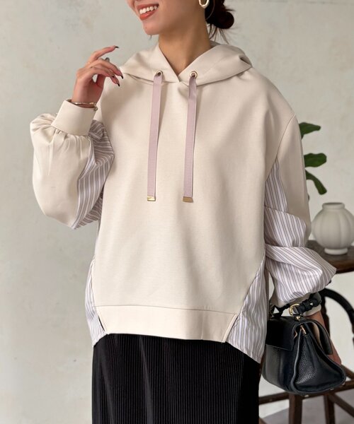 Chez toi(シェトワ)の「ダンボールBACKストライプ切替パーカー(Tシャツ/カットソー・レディース・モカ/アイボリー/チャコールグレー・FREE)」の4枚目の写真