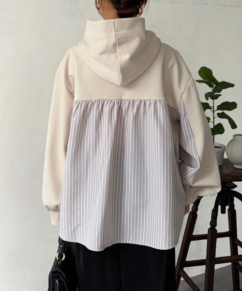 Chez toi(シェトワ)の「ダンボールBACKストライプ切替パーカー(Tシャツ/カットソー・レディース・モカ/アイボリー/チャコールグレー・FREE)」の6枚目の写真
