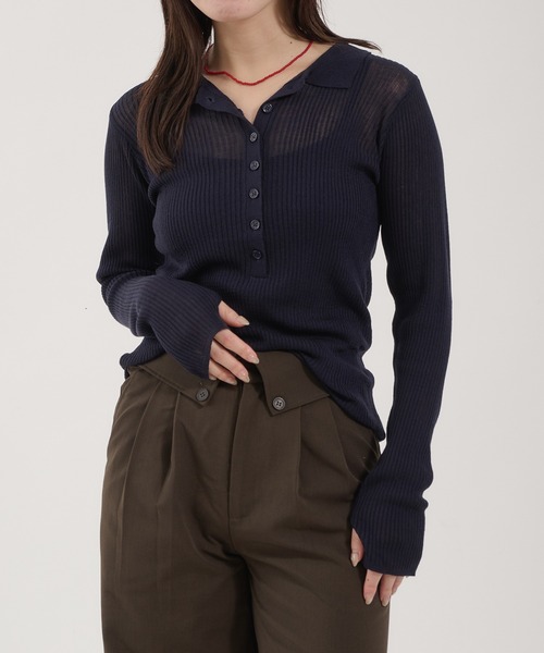 Perushu(ペルーシュ)の「Sheer Ribbed Knit Polo/シアーリブニットポロ(ニット/セーター・レディース・ネイビー/アイボリー/ピンク・FREE)」の3枚目の写真