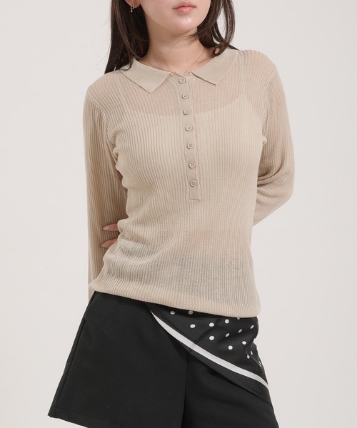 Perushu(ペルーシュ)の「Sheer Ribbed Knit Polo/シアーリブニットポロ(ニット/セーター・レディース・ネイビー/アイボリー/ピンク・FREE)」の2枚目の写真