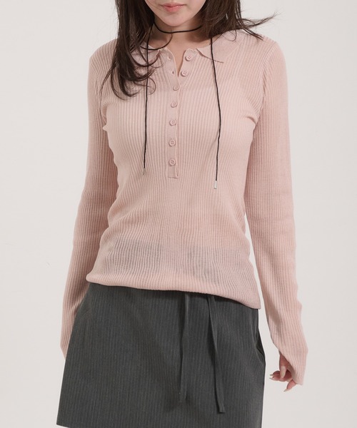 Perushu(ペルーシュ)の「Sheer Ribbed Knit Polo/シアーリブニットポロ(ニット/セーター・レディース・ネイビー/アイボリー/ピンク・FREE)」の5枚目の写真