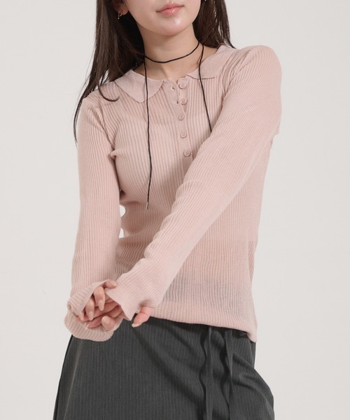 Perushu(ペルーシュ)の「Sheer Ribbed Knit Polo/シアーリブニットポロ(ニット/セーター・レディース・ネイビー/アイボリー/ピンク・FREE)」の4枚目の写真