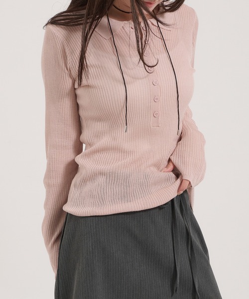 Perushu(ペルーシュ)の「Sheer Ribbed Knit Polo/シアーリブニットポロ(ニット/セーター・レディース・ネイビー/アイボリー/ピンク・FREE)」の6枚目の写真