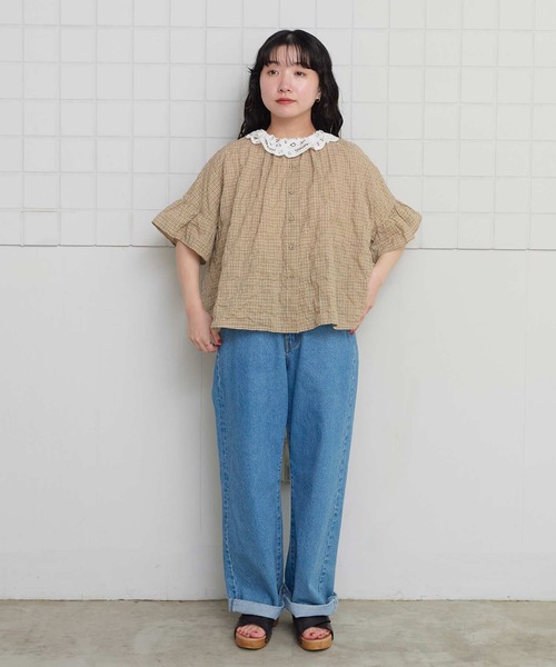 l'atelier du savon(アトリエドサボン)の「シャーリングチェック/ストライプ 袖ひらひらブラウス(シャツ/ブラウス・レディース・グリーン/ベージュ/ネイビー・FREE)」の16枚目の写真