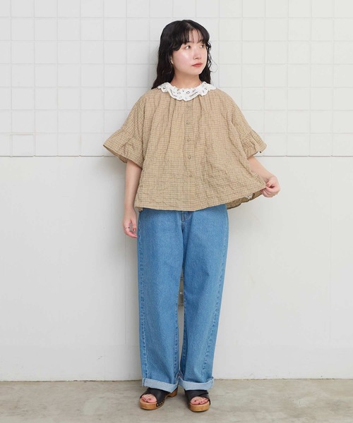 l'atelier du savon(アトリエドサボン)の「シャーリングチェック/ストライプ 袖ひらひらブラウス(シャツ/ブラウス・レディース・グリーン/ベージュ/ネイビー・FREE)」の17枚目の写真