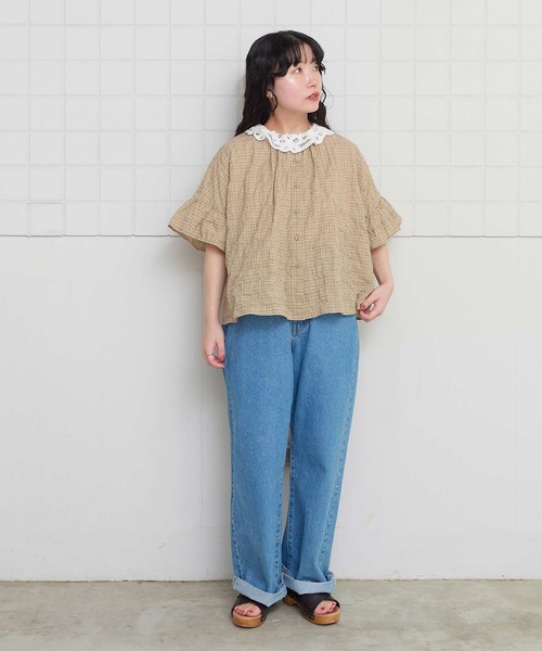 l'atelier du savon(アトリエドサボン)の「シャーリングチェック/ストライプ 袖ひらひらブラウス(シャツ/ブラウス・レディース・グリーン/ベージュ/ネイビー・FREE)」の19枚目の写真