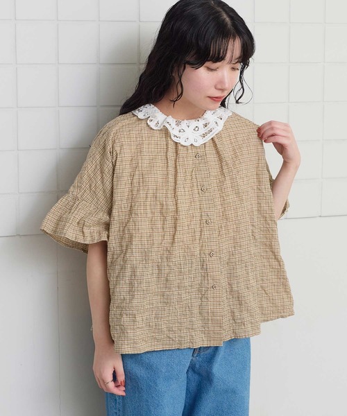 l'atelier du savon(アトリエドサボン)の「シャーリングチェック/ストライプ 袖ひらひらブラウス(シャツ/ブラウス・レディース・グリーン/ベージュ/ネイビー・FREE)」の20枚目の写真
