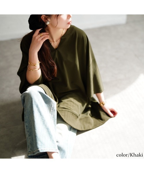 GOLDJAPAN(ゴールドジャパン)の「キーネックオーバーサイズチュニックTシャツ【大きいサイズ対応】(Tシャツ/カットソー・レディース・カーキ/ブラック/ネイビー・FREE)」の8枚目の写真