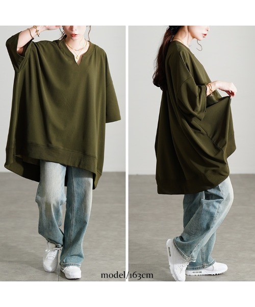 GOLDJAPAN(ゴールドジャパン)の「キーネックオーバーサイズチュニックTシャツ【大きいサイズ対応】(Tシャツ/カットソー・レディース・カーキ/ブラック/ネイビー・FREE)」の10枚目の写真
