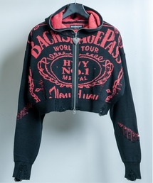 BACKSTAGE PASS（バックステージパス）の「BONZO HOODIE-S-KNIT(ボンゾ フーディｰエス-ニット)ロゴジャガード オーバーサイズ ダメージニット ショート丈パーカー（パーカー）」