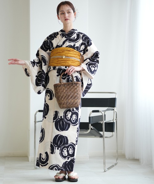 手染め注染浴衣3点セット utatane×注染工房 先染めベージュ 南瓜黒