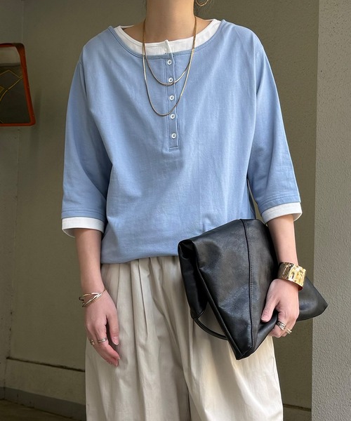 LBC（エルビーシー）の「ヘンリーネックレイヤー7分袖Tシャツ（Tシャツ/カットソー・レディース・ブルー/グレー/ブラック/ピンク・L/M）」の3枚目の写真