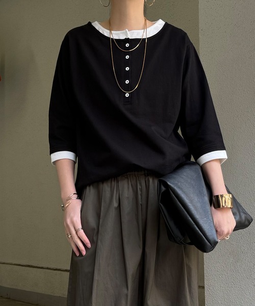 LBC（エルビーシー）の「ヘンリーネックレイヤー7分袖Tシャツ（Tシャツ/カットソー・レディース・ブルー/グレー/ブラック/ピンク・L/M）」の2枚目の写真