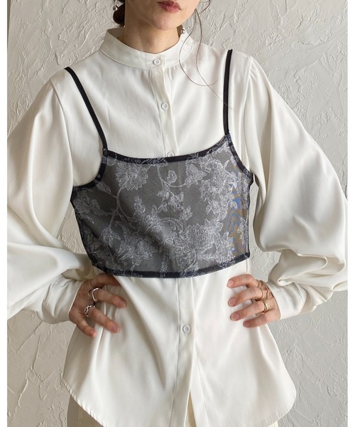 She's Closet（シーズクローゼット）の「花柄プリント シアー ビスチェ メッシュ キャミソール（キャミソール・レディース・ブラック/ネイビー/ベージュ・FREE）」の21枚目の写真