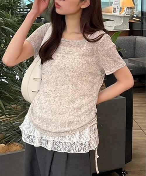 FREE'S MART(フリーズマート)の「◆メランジドロスト半袖レースティアードキャミセット(Tシャツ/カットソー・レディース・グレー/ブラック/ブラウン/ホワイト・FREE)」の2枚目の写真