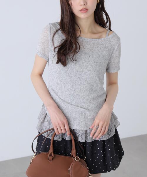FREE'S MART(フリーズマート)の「◆メランジドロスト半袖レースティアードキャミセット(Tシャツ/カットソー・レディース・グレー/ブラック/ブラウン/ホワイト・FREE)」の12枚目の写真