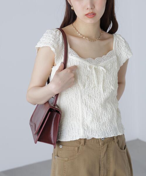 FREE'S MART（フリーズマート）の「◆レーストリムカットジャガードカットソー（Tシャツ/カットソー・レディース・ブラウン/ホワイト/レッド・FREE）」の2枚目の写真